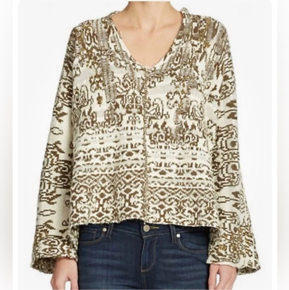 Free People Cream and Brown Patterned Sweater